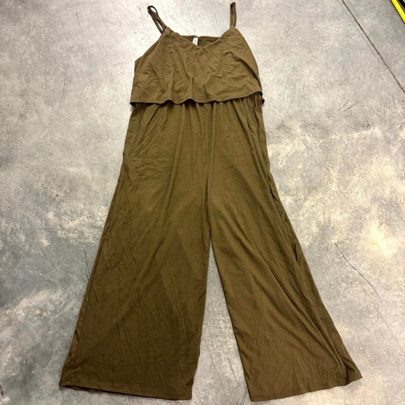 Zenana Pants - Zenana Womens Ribbed Wide Leg Jumpsuit Olive Green V Neck Sleeveless Plus 2X